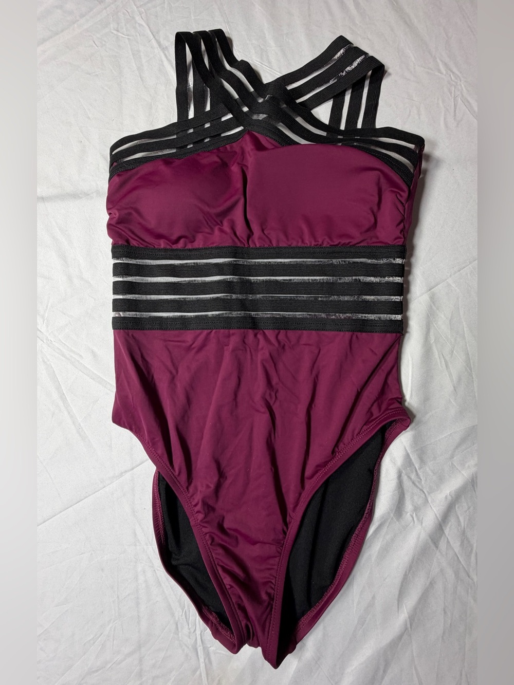Hilor Women's Front Crossover Mesh One-Piece Swimsuit - Burgundy/Black - Size S